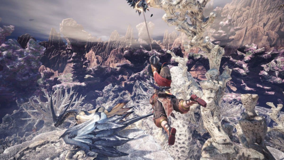 monster hunter world character attached to a flying monster