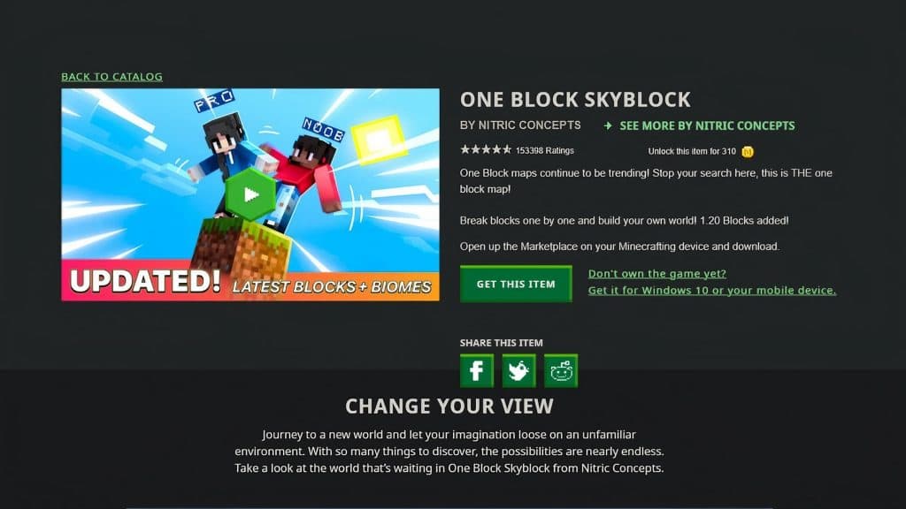 The Minecraft Marketplace page for One Block Skyblock by Nitric Concepts.