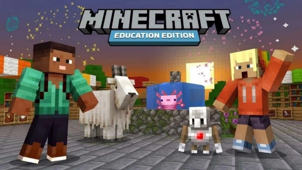 Players with a goat and an agent in Minecraft Education Edition.