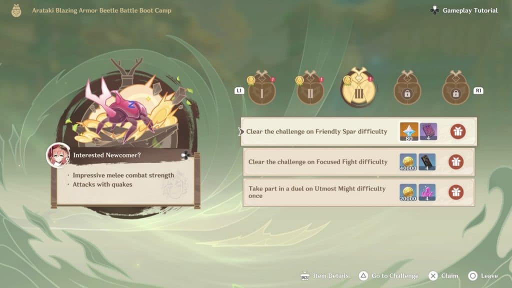 Beetle event menu displaying players completed challenges against Yanfei in Genshin Impact