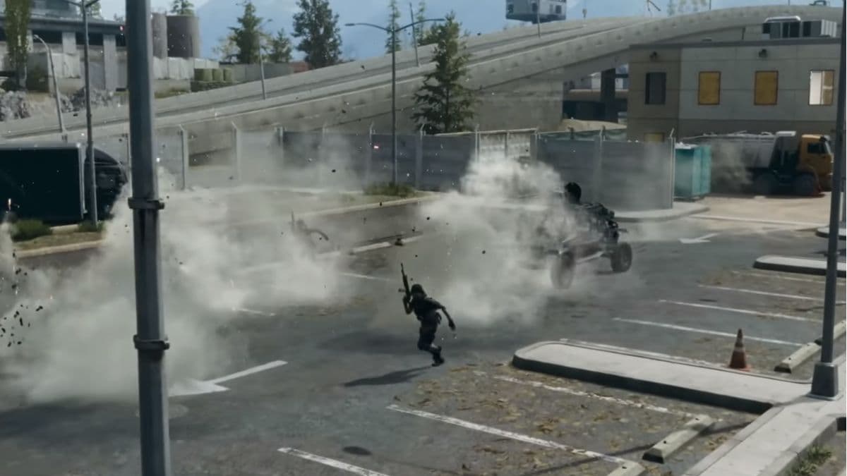 warzone operator running through smoke with vehicle in the background
