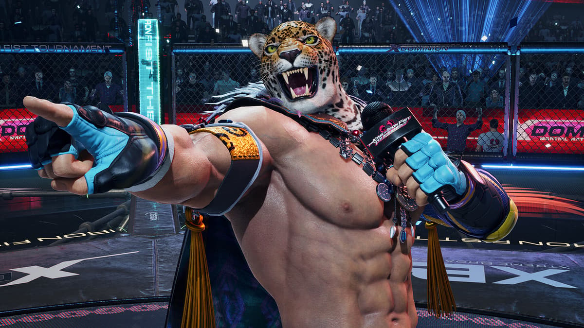 Tekken character with lion mask and mic in hand