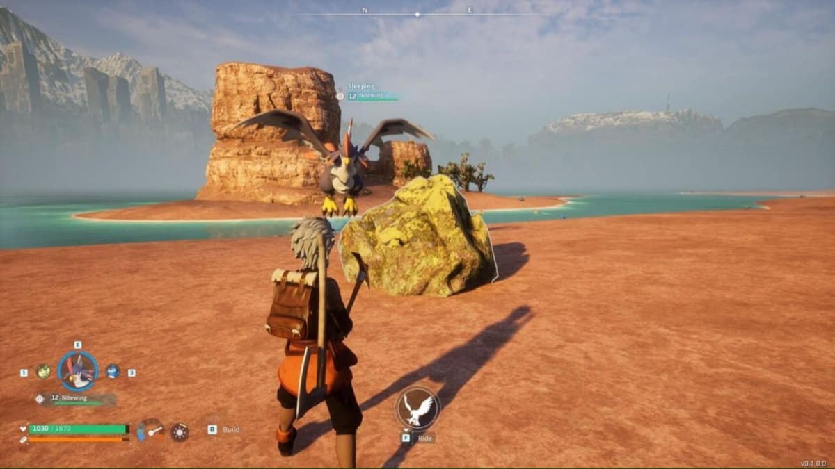 A player standing close to a Sulfur node on a beach in Palworld.