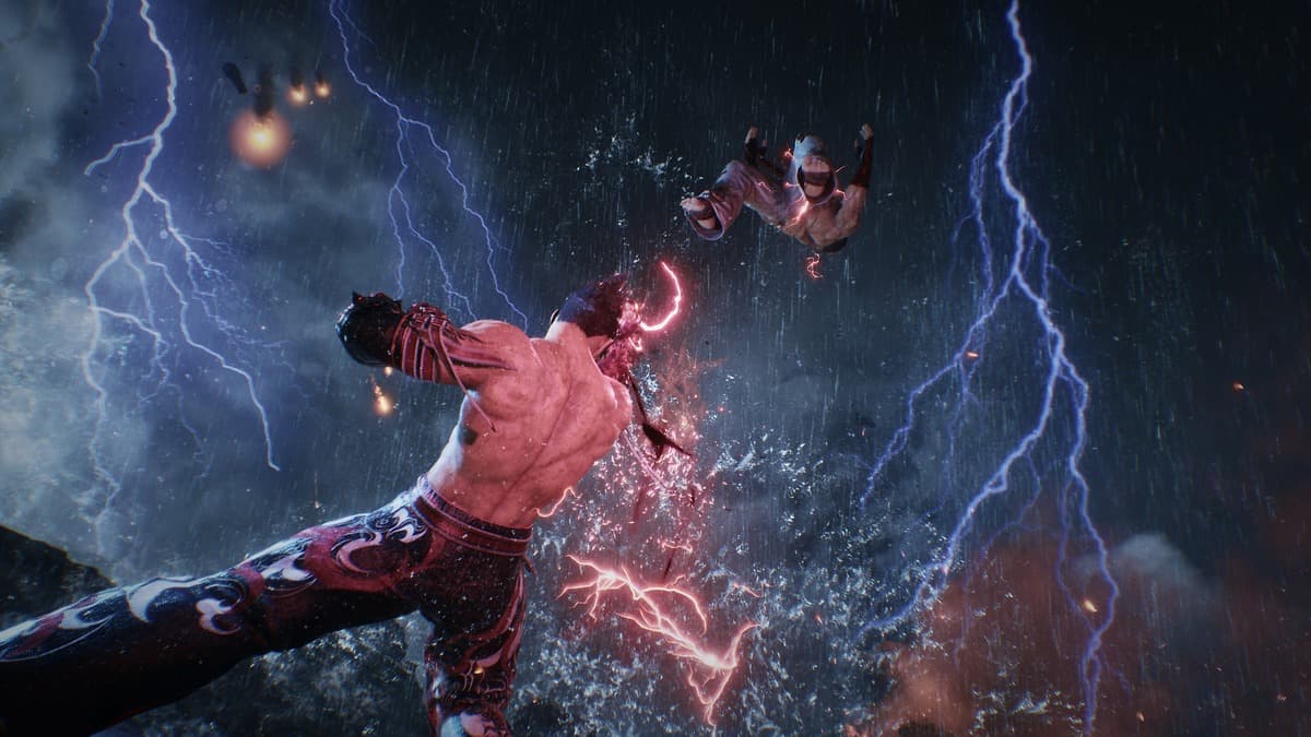 jin fighting kazuya in a thunderstorm whether in Tekken 8