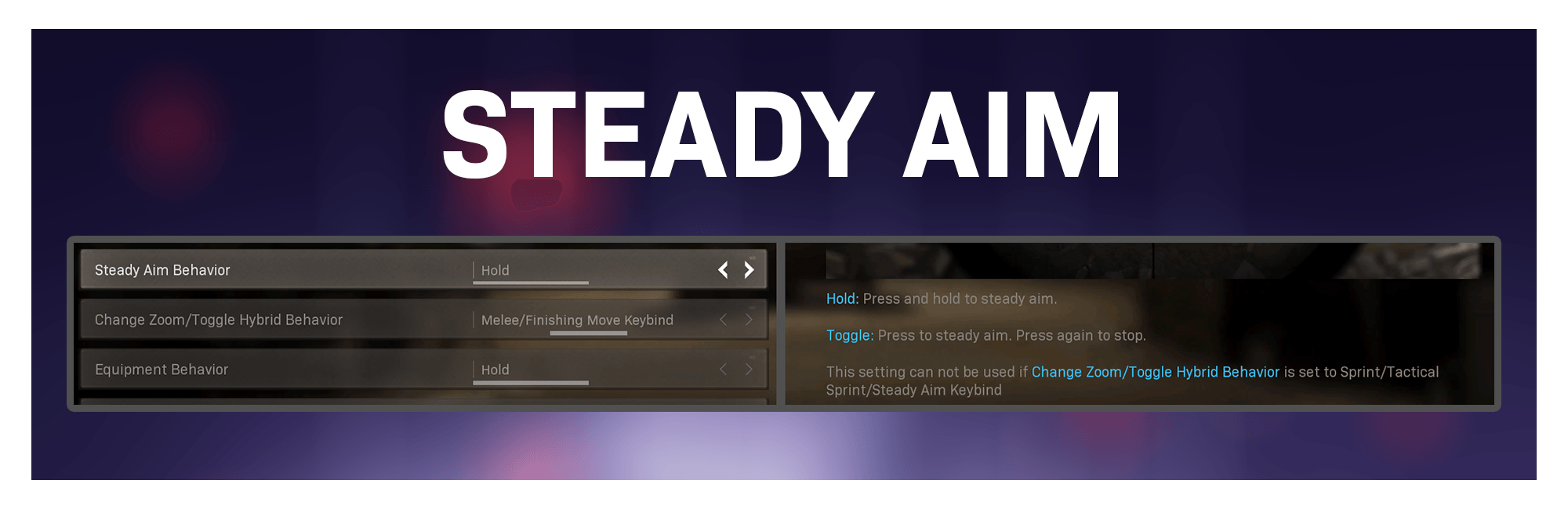 Banner showing the new Steady Aim Behavior menu option.
