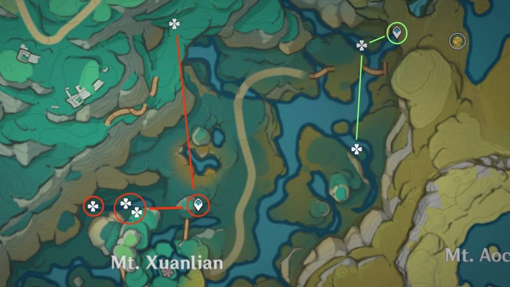 a marked route showing detail on clearwater jade location genshin impact