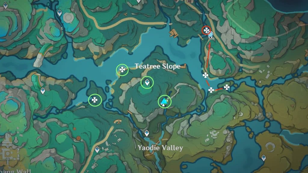 a marked route showing detail on clearwater jade location genshin impact