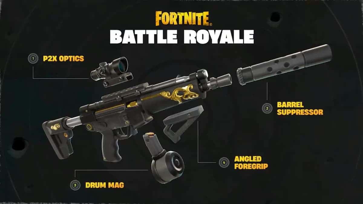 Weapon with different attachments in Fortnite.