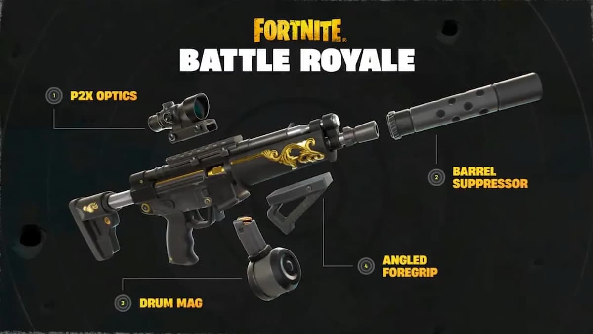 Weapon with different attachments in Fortnite.