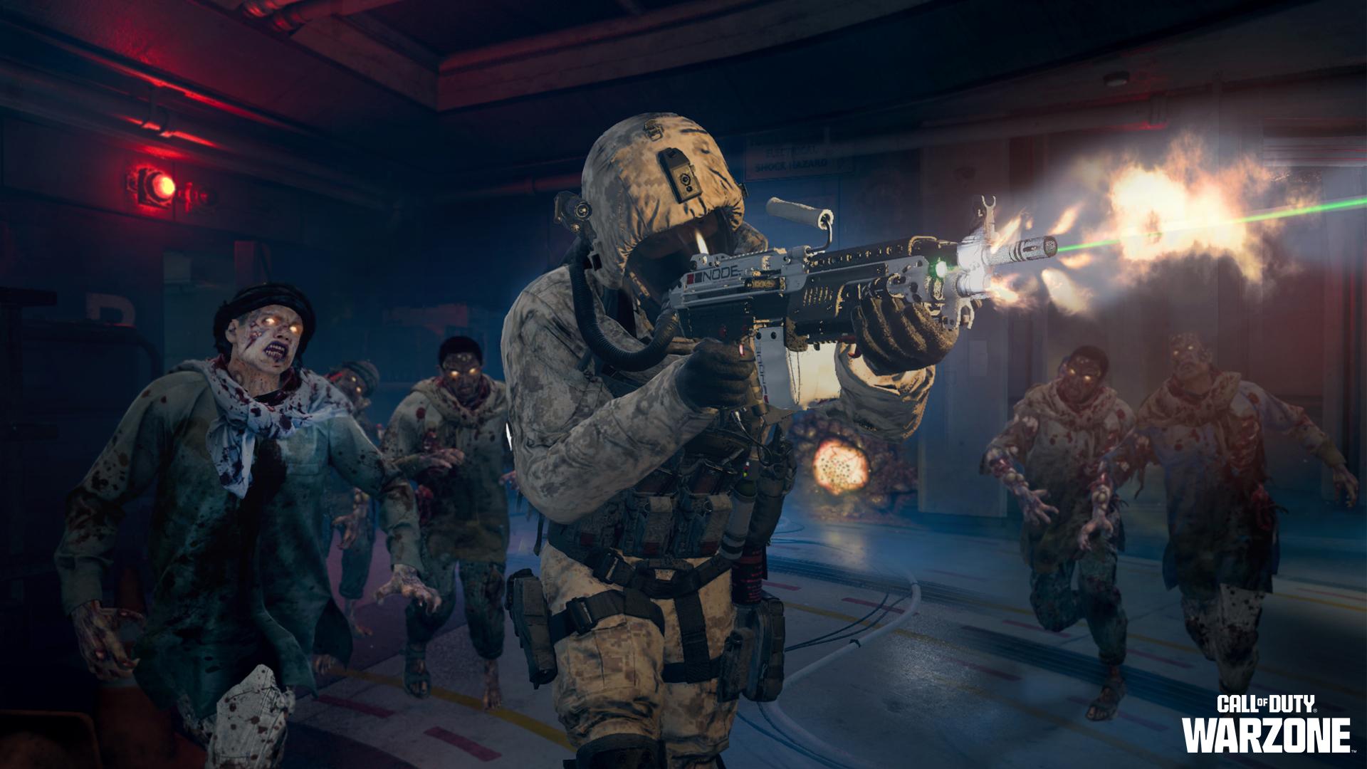 warzone operator with zombies behind them