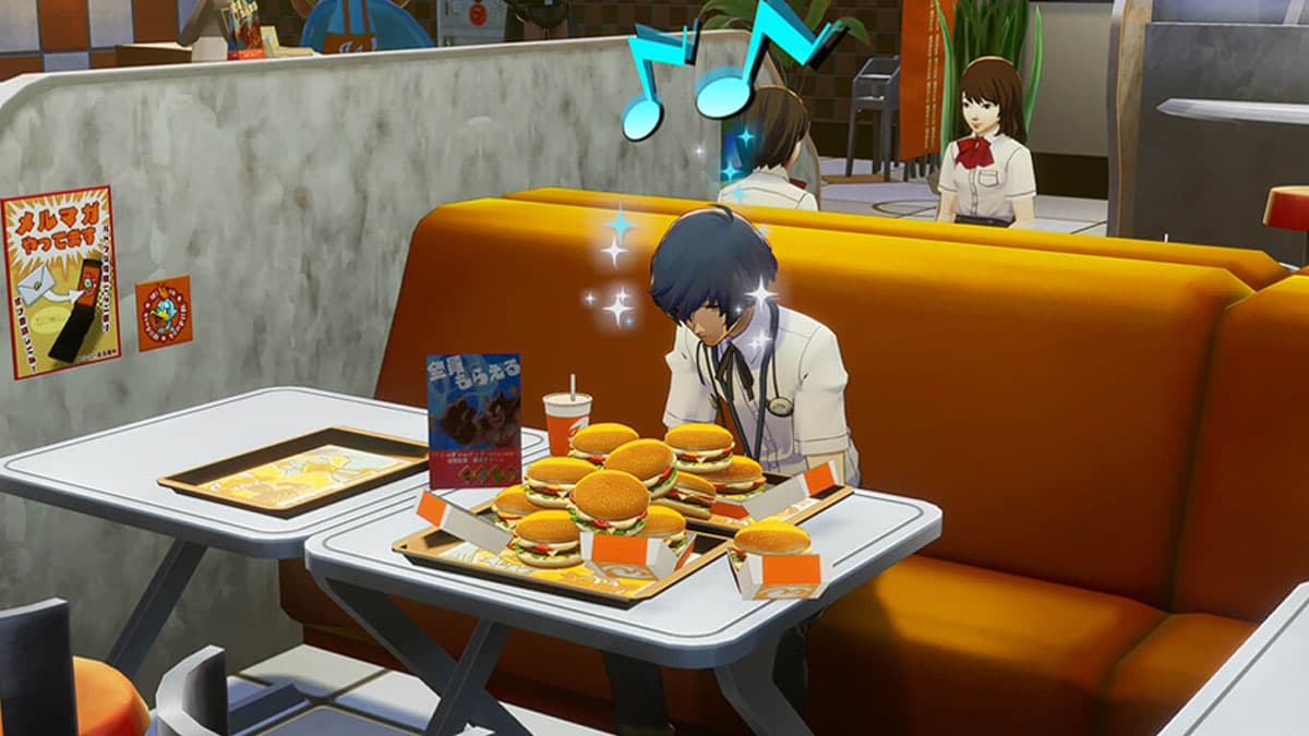 Persona 3 Reload MC attempting the Wilduck Burger Big Eater Challenge.
