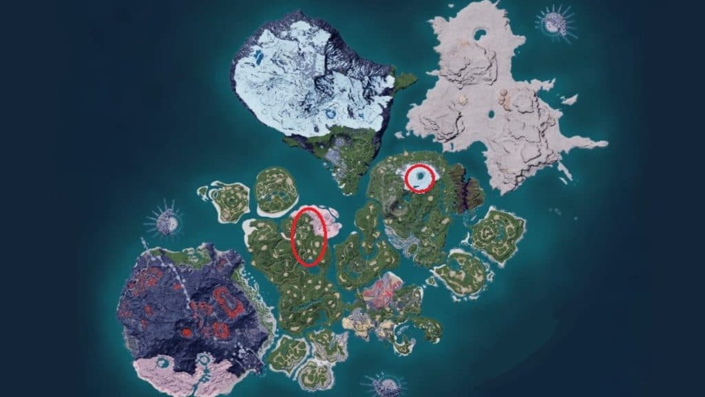 Palworld map with Sweepa spawn areas marked