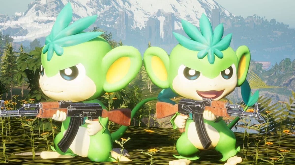 Two Tanzees holding guns in Palworld