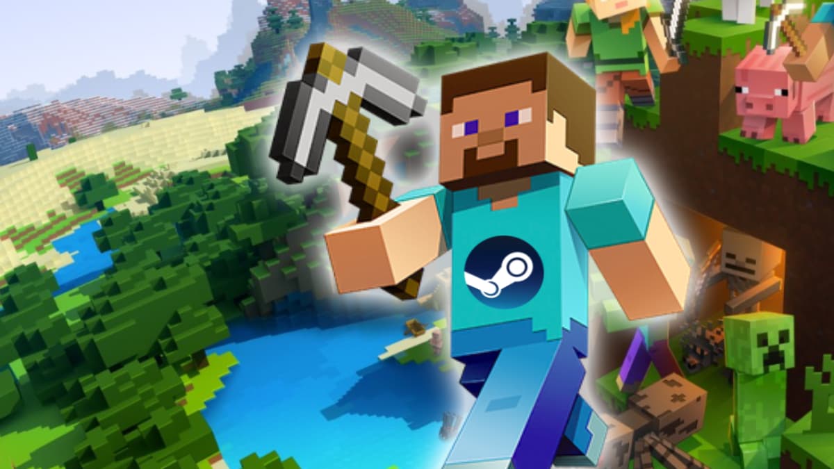 Steve from Minecraft with a Steam logo on his shirt