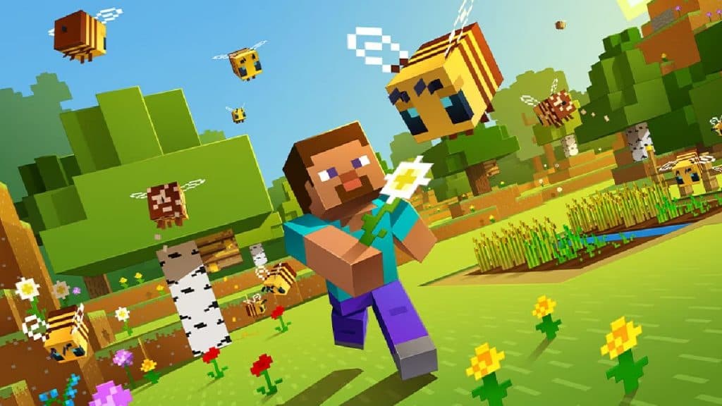 Steve from Minecraft chasing a bee
