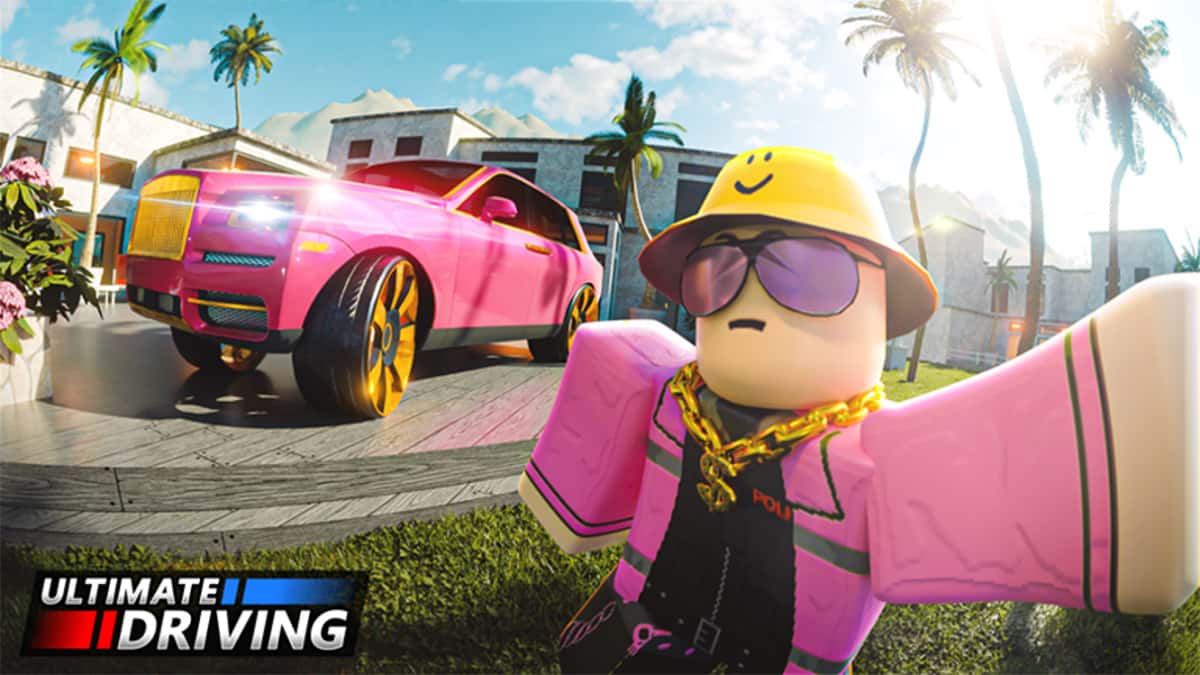 A character taking a selfie with their car in Roblox Ultimate Driving.