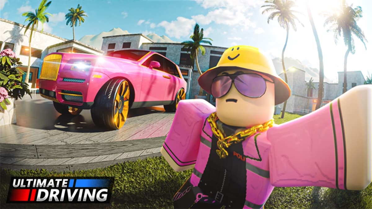 A character taking a selfie with their car in Roblox Ultimate Driving.