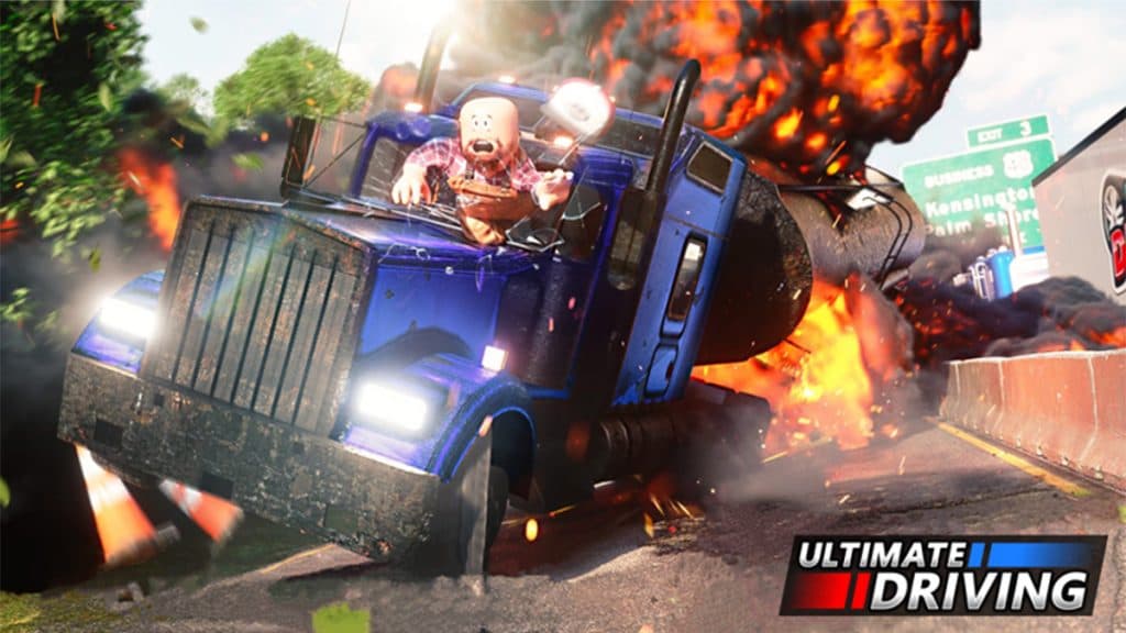 Truck blowing up in Roblox Ultimate Driving.