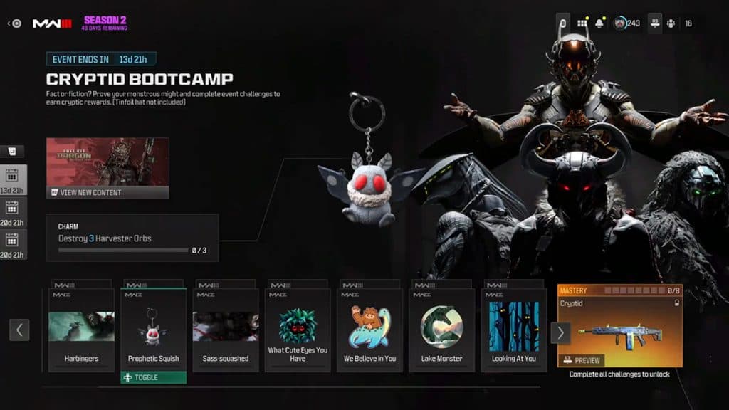 MW3 Warzone Cryptid Bootcamp event menu
