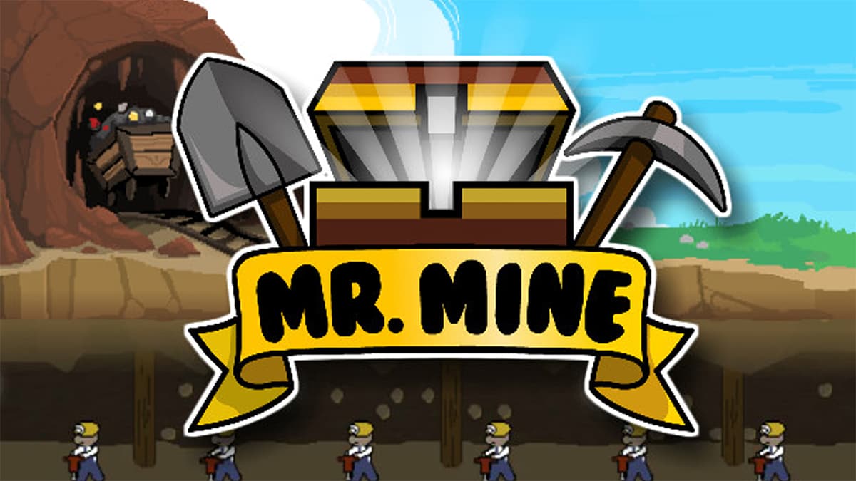 Mr. Mine thumbnail featuring a shove;, chest, and a pickaxe.