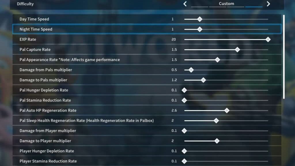 Palworld custom settings menu