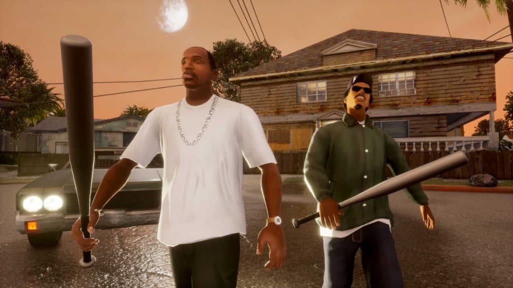 CJ and another character in GTA San Andreas.