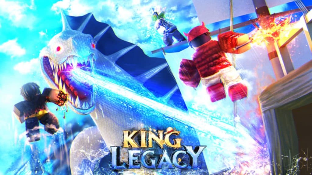 Characters fighting a monster in Roblox King Legacy.