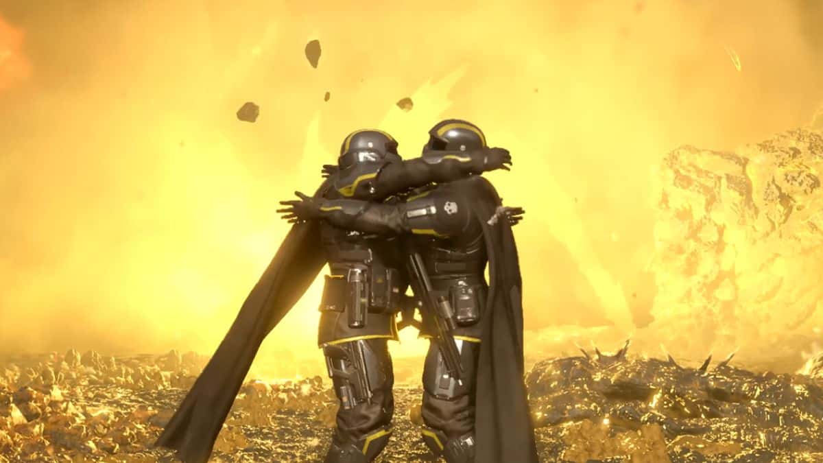Characters hugging in Helldivers 2
