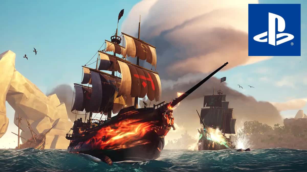 Ship gameplay in Sea of Thieves, and the PlayStation logo
