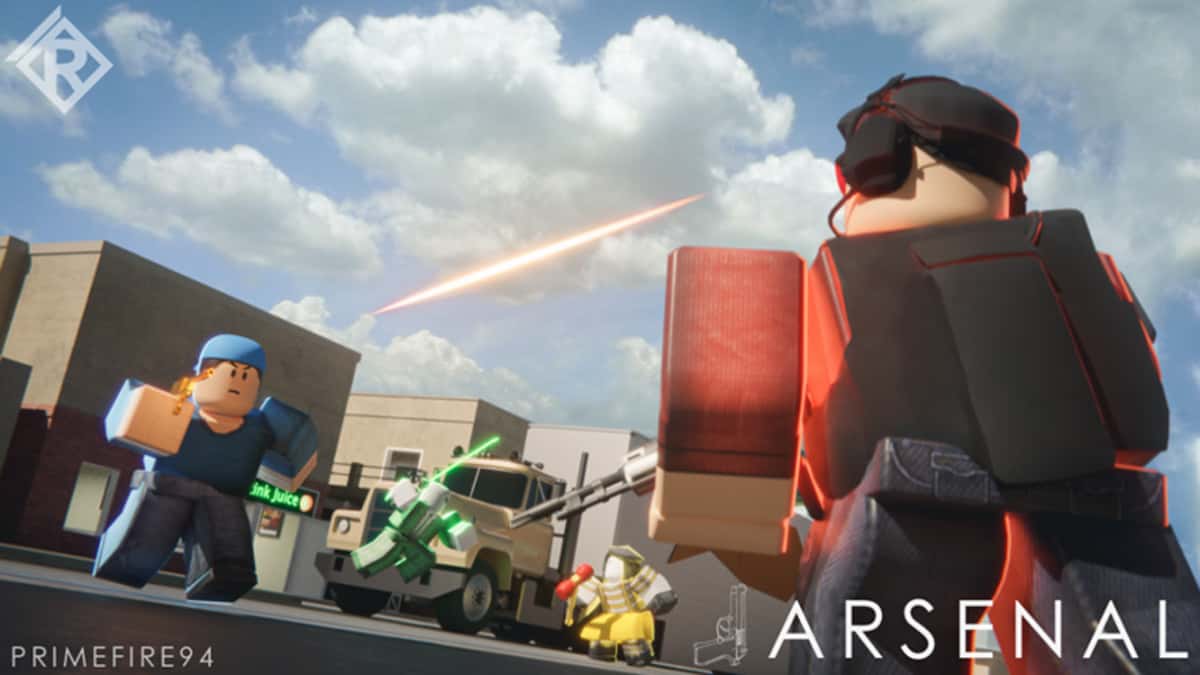 Players shooting at each other in Roblox Arsenal.