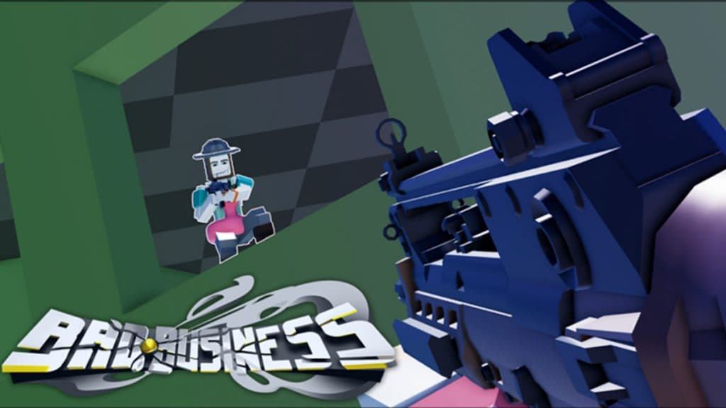 Characters pointing guns at each other in Roblox Bad Business.