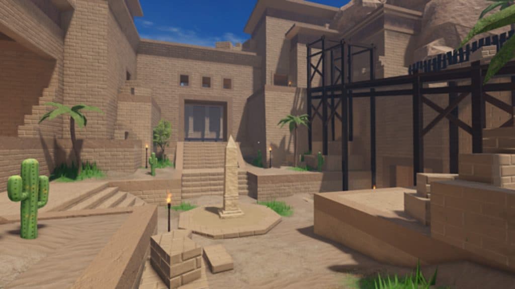 A desert-themed map in Roblox Evade.