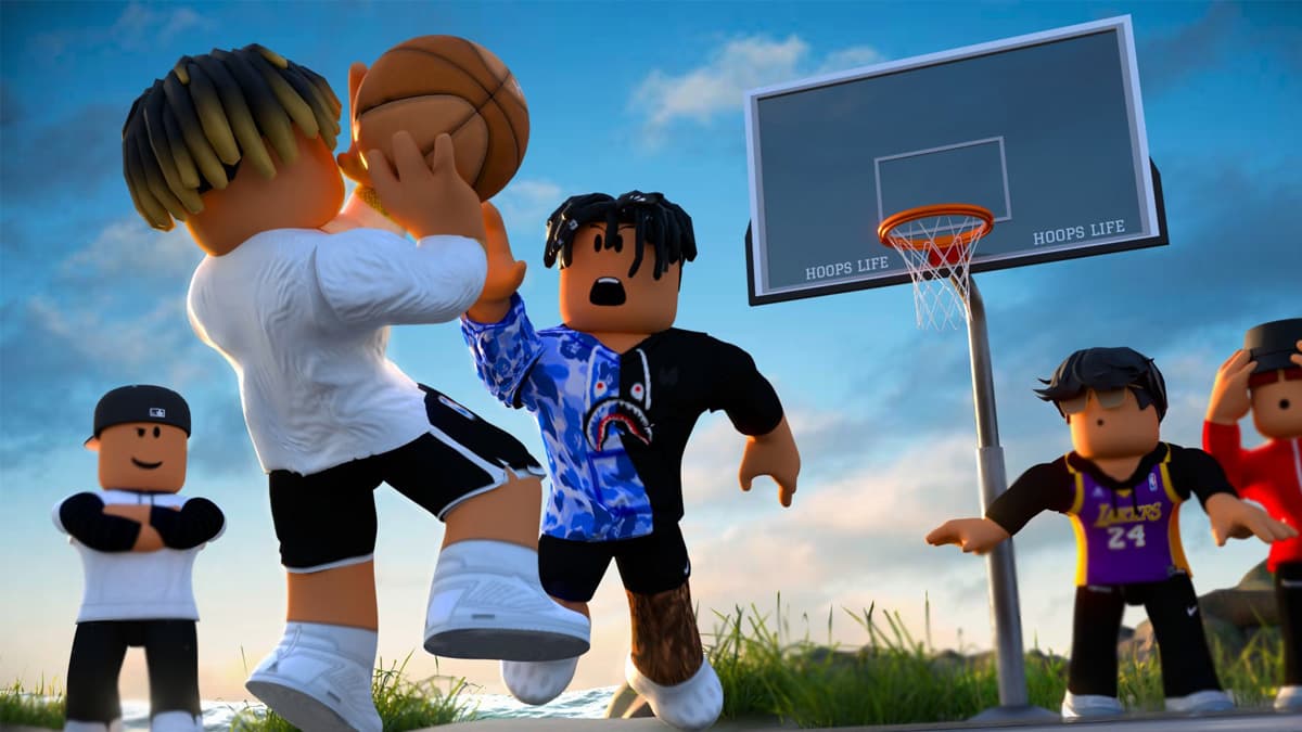Various player playing basketball in Roblox Hoops Life Basketball.