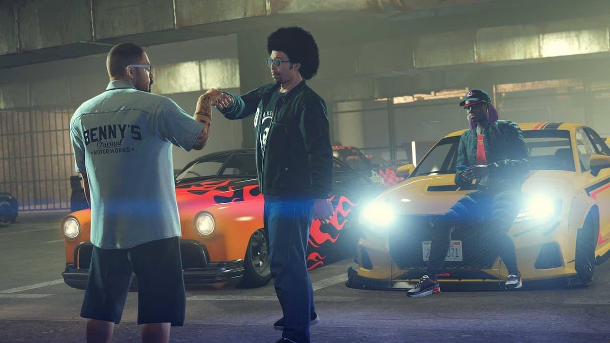Two characters in front of Exotic cars in GTA Online.