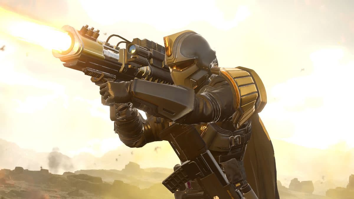 Helldivers 2 character shooting rocket launcher