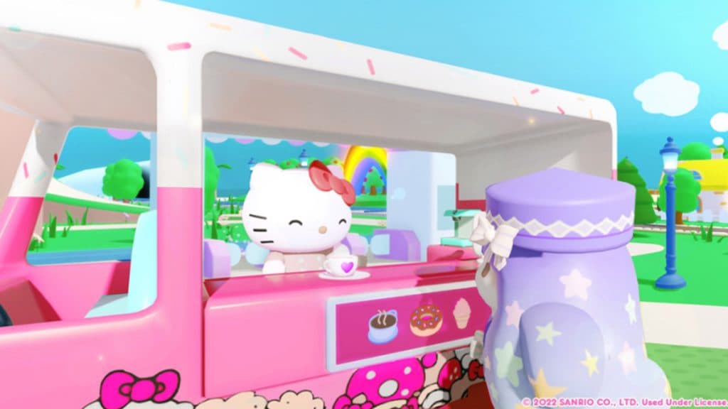 Hello Kitty and a character in Roblox My Hello Kitty Cafe.