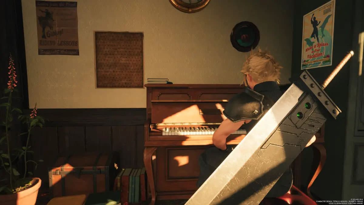 Cloud playing the piano in FF7 Rebirth.