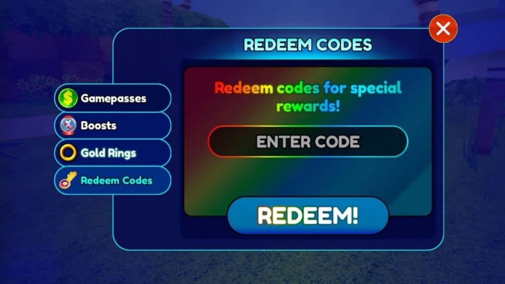 Code redemption page in Sonic Speed Simulator