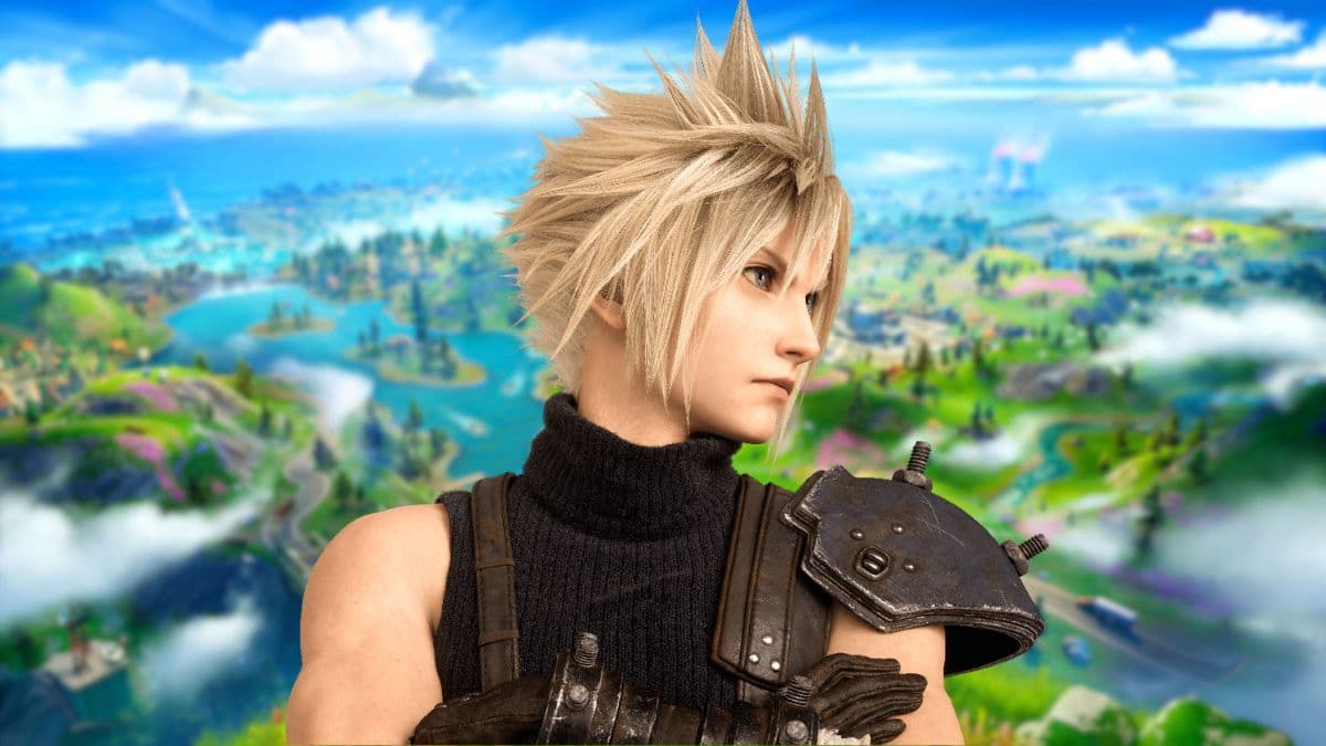 Cloud from Final Fantasy 7 Rebirth in front of Fortnite island
