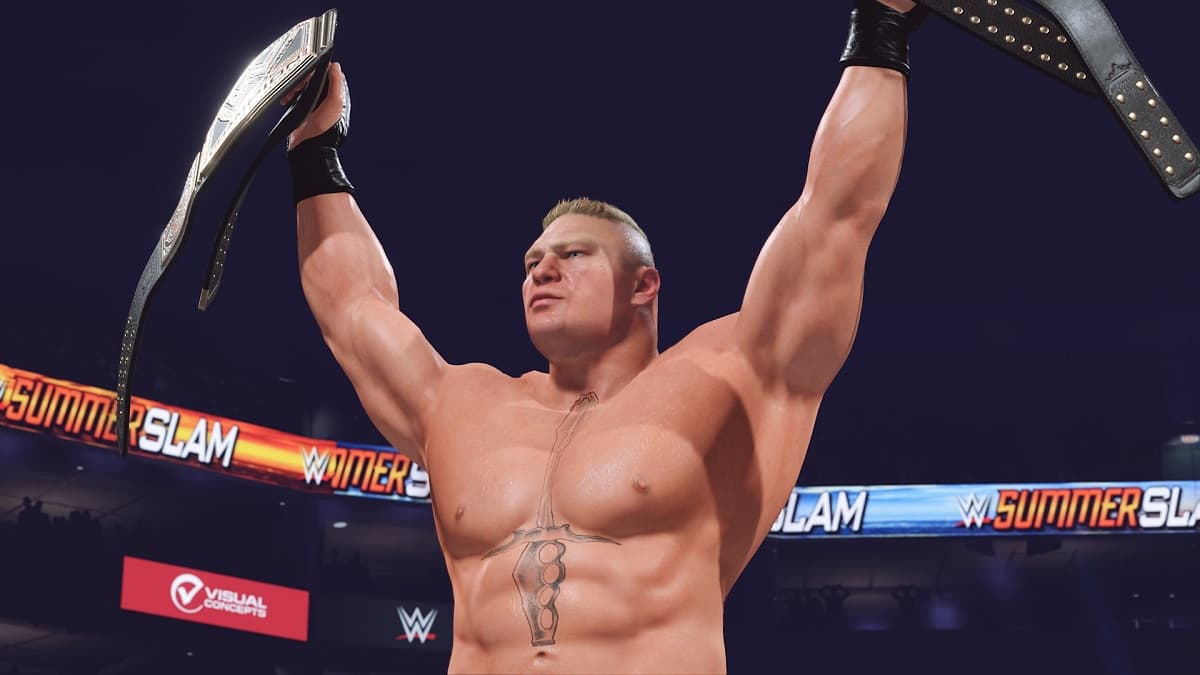 Brock Lesnar celebrating in WWE 2K23