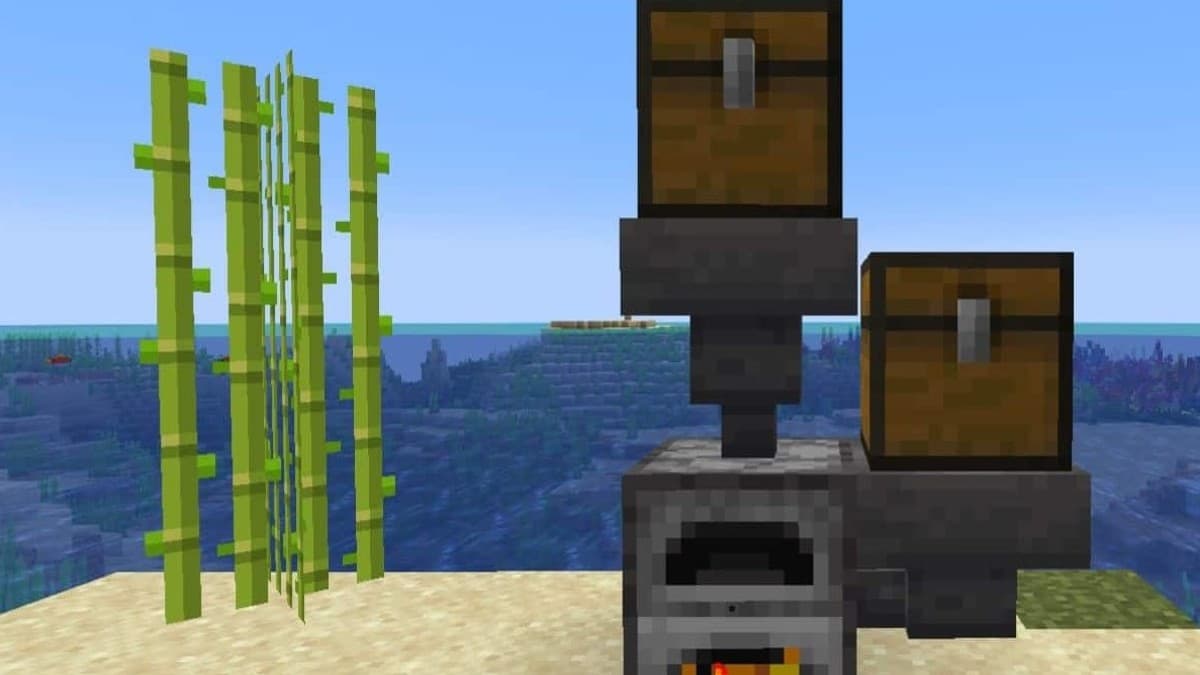 Chest on top of two hoppers and a Furnace in Minecraft