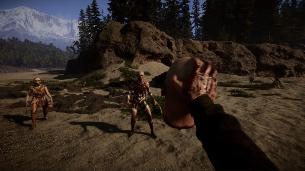 Sons of the Forest character holding a mutant head