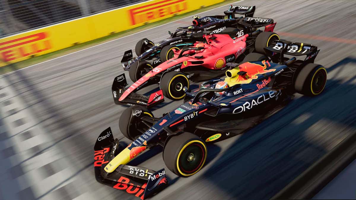 Verstappen, Leclerc, and Hamilton arriving to checkered flag F1 24