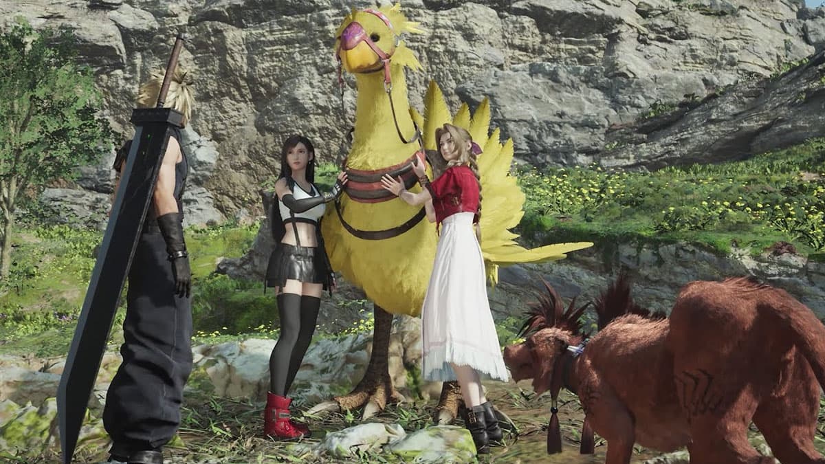 FF7 Rebirth party with Chocobo.