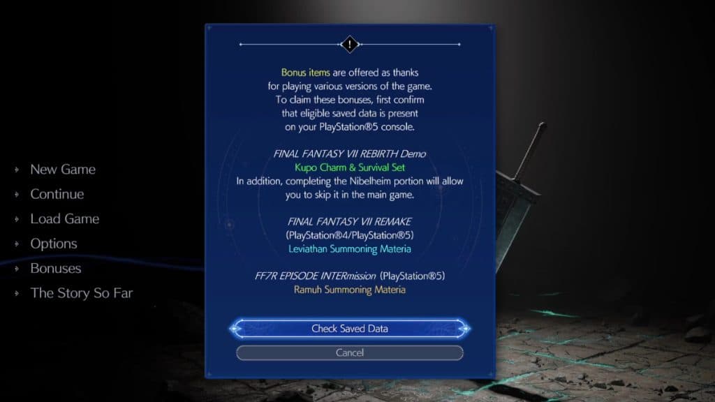 Bonuses menu in Final Fantasy 7 Rebirth