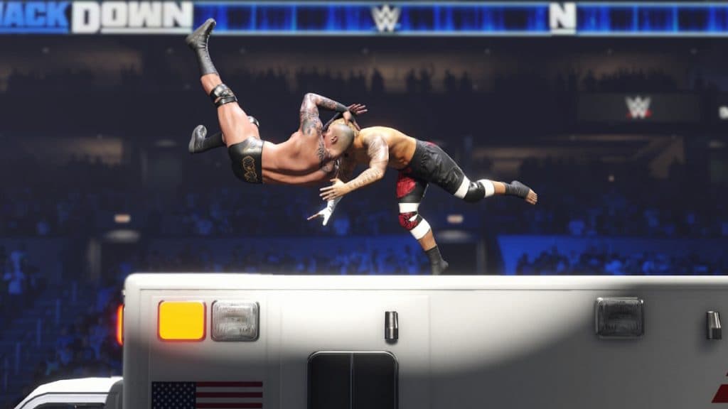 WWE2K24 wrestling off an ambulance