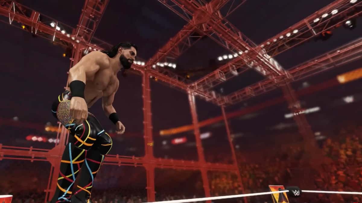 Seth Rollins inside a Hell in a Cell in WWE 2K24