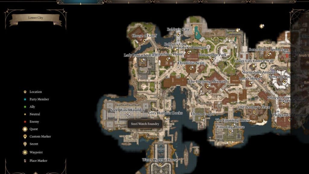 A map of the Lower City in Baldur's Gate 3