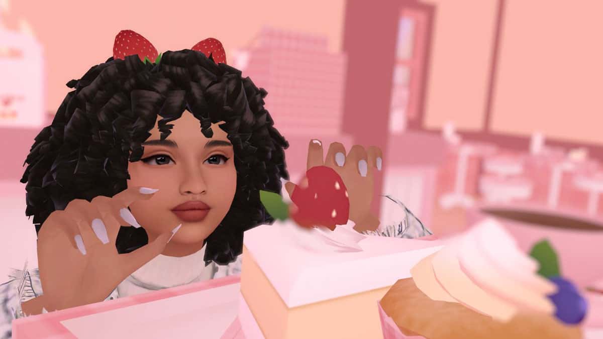 A Sim eating strawberries in Sims 4