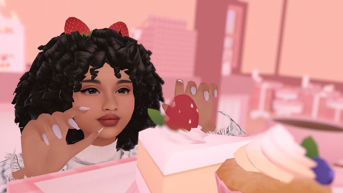 A Sim eating strawberries in Sims 4
